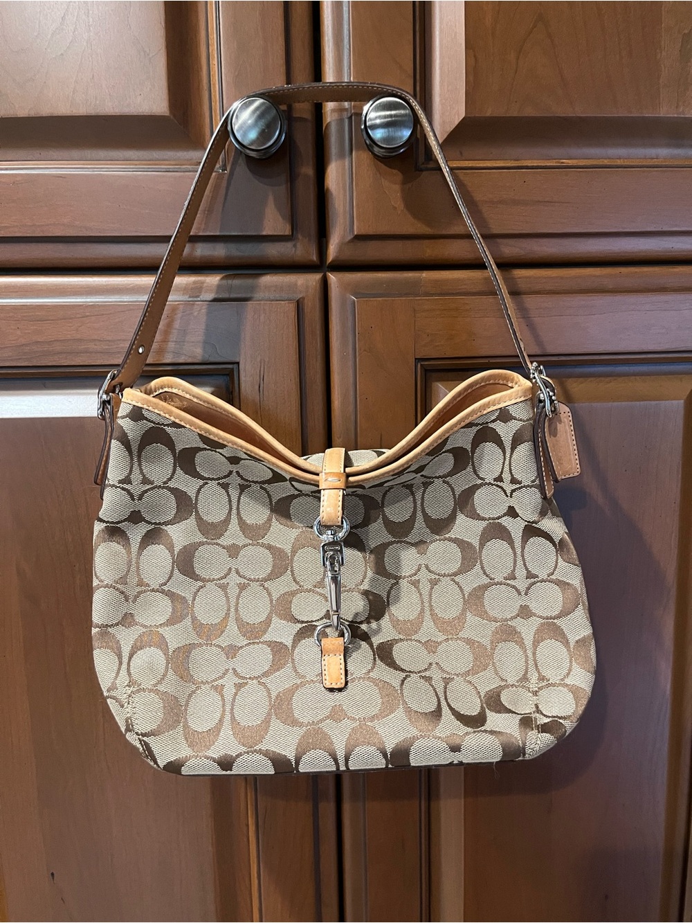 Coach Brown Signature Canvas Shoulder Bag with Tan Leather Trim